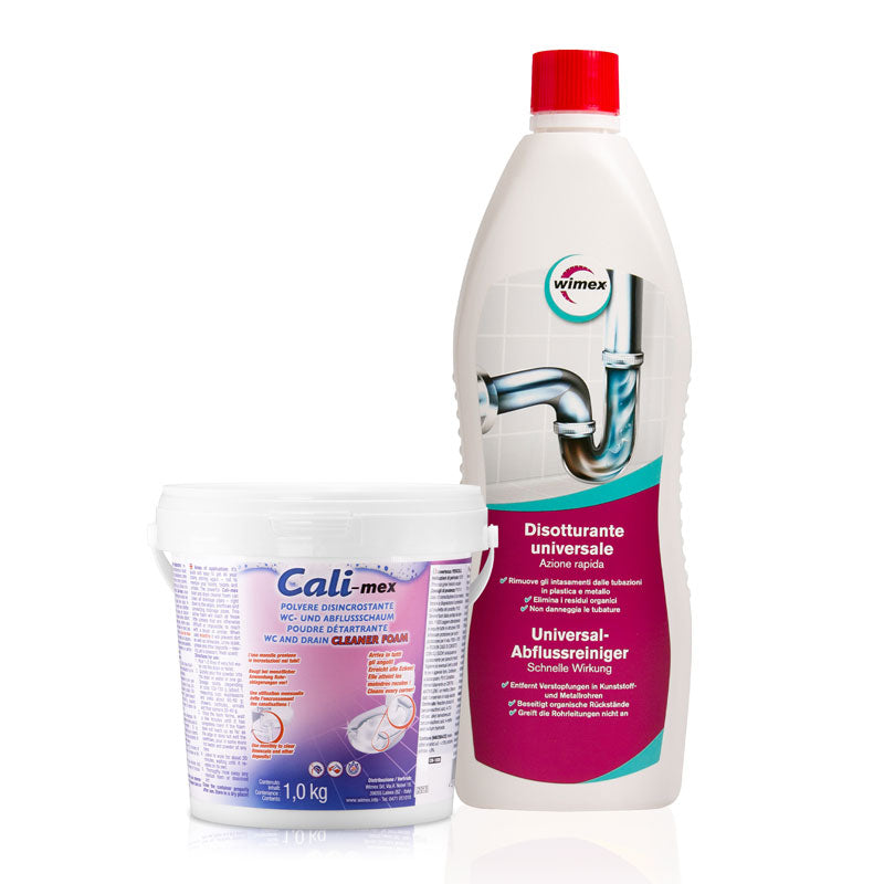 Kit Pulizia e Manutenzione degli scarichi di Bagno e Cucina. Cali-mex Schiuma 1 kg + Disotturante rapido 1 Litro