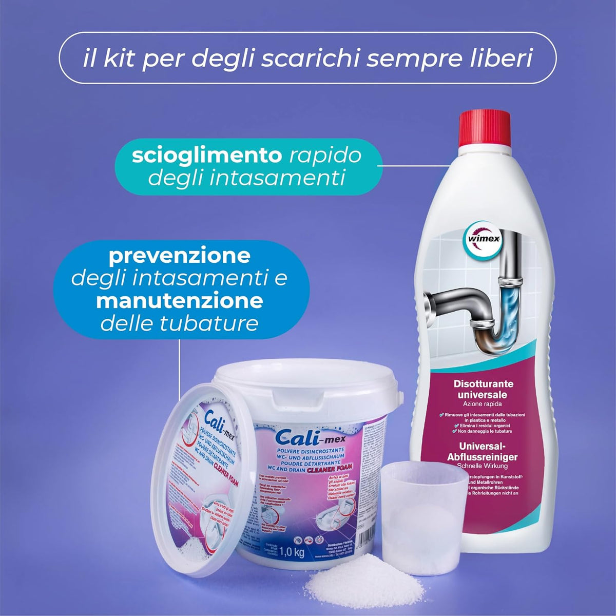 Kit Pulizia e Manutenzione degli scarichi di Bagno e Cucina. Cali-mex Schiuma 1 kg + Disotturante rapido 1 Litro