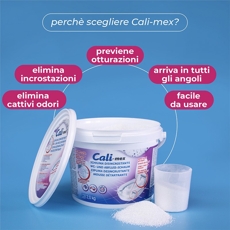 Kit Pulizia e Manutenzione degli scarichi di Bagno e Cucina. Cali-mex Schiuma 1 kg + Disotturante rapido 1 Litro