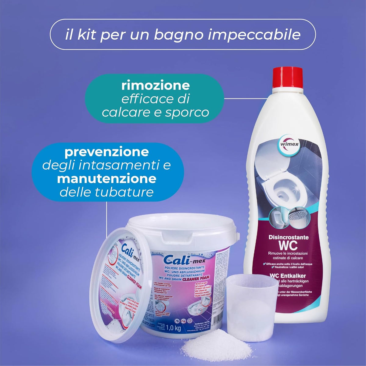 Kit Manutenzione e Pulizia Profonda del Bagno. Cali-mex Schiuma 1 kg + Disincrostante WC