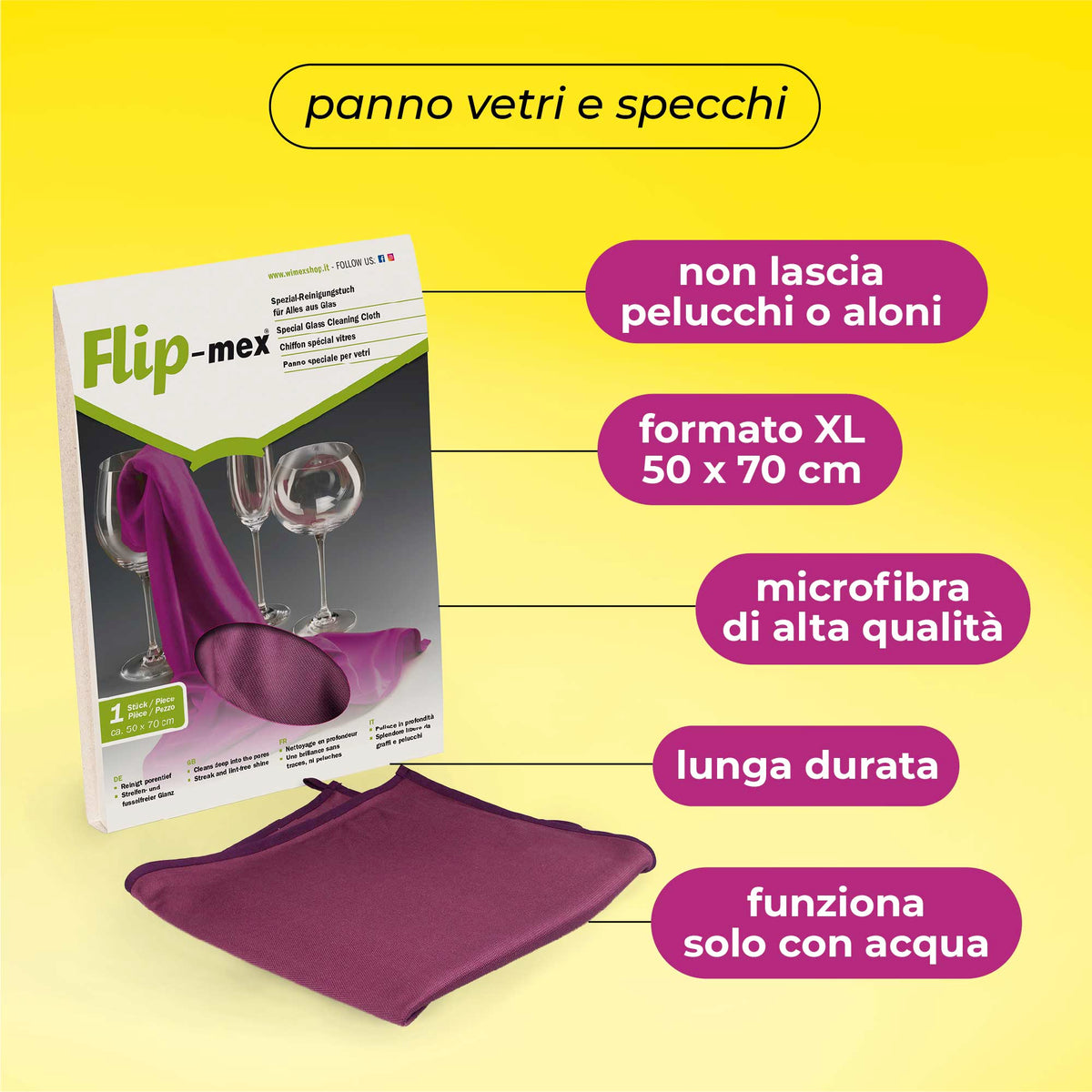 Panno vetri in microfibra. Pulisce solo con acqua. 50x70cm