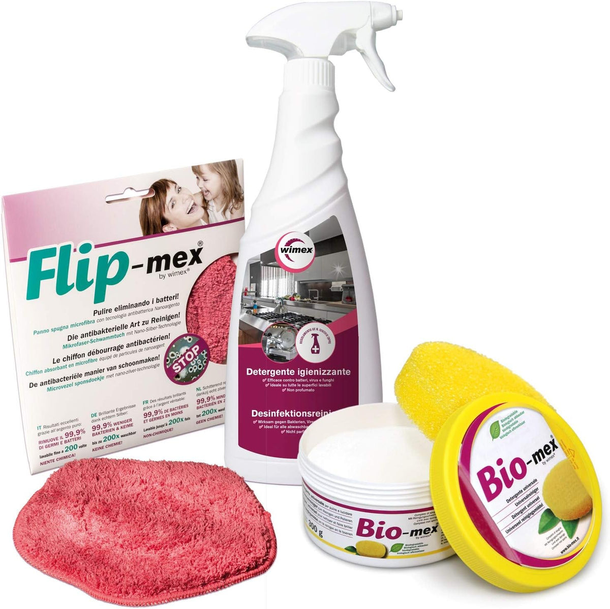 Kit "pulito sicuro" | Bio-mex detergente universale 300gr - Detergente igienizzante spray - Panno spugna Flip-mex 16x16cm
